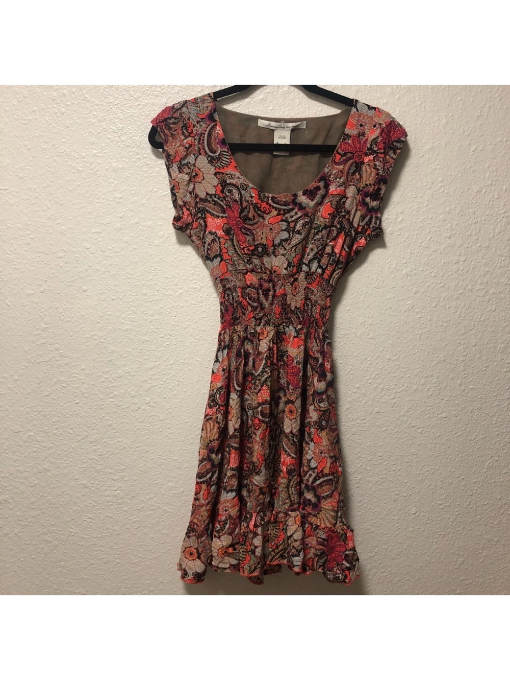 american rag dress small m pink brown Floral Paisley Sundress flowy maxi A3